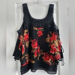 Guess black lace red floral sheer blouse size Large